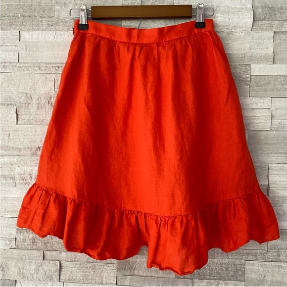 J. Crew Linen Poppy Orange Ruffle Trim Skirt - Picture 2 of 6